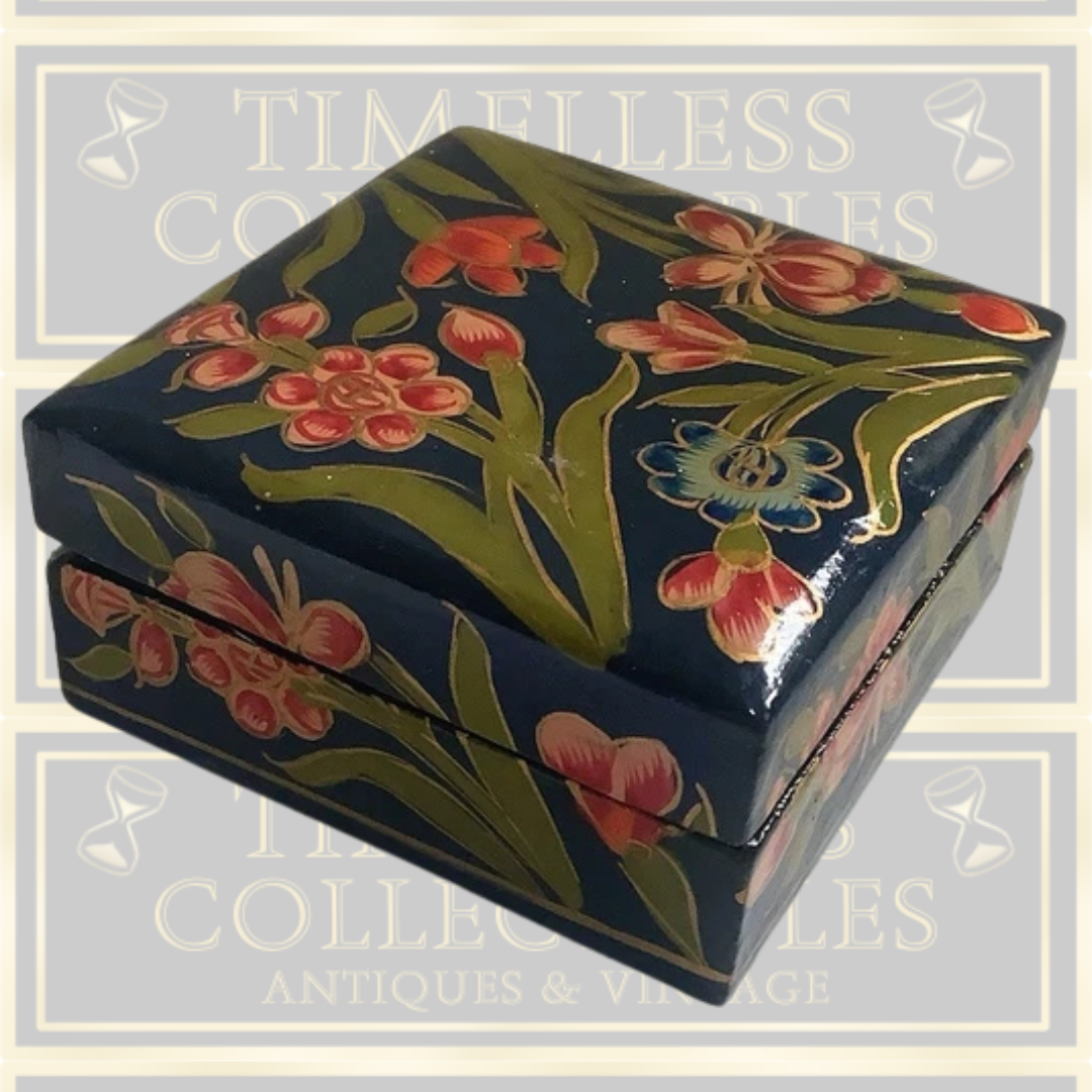Vintage Candle Holders & Box Set Navy Blue Pink Flower Pattern