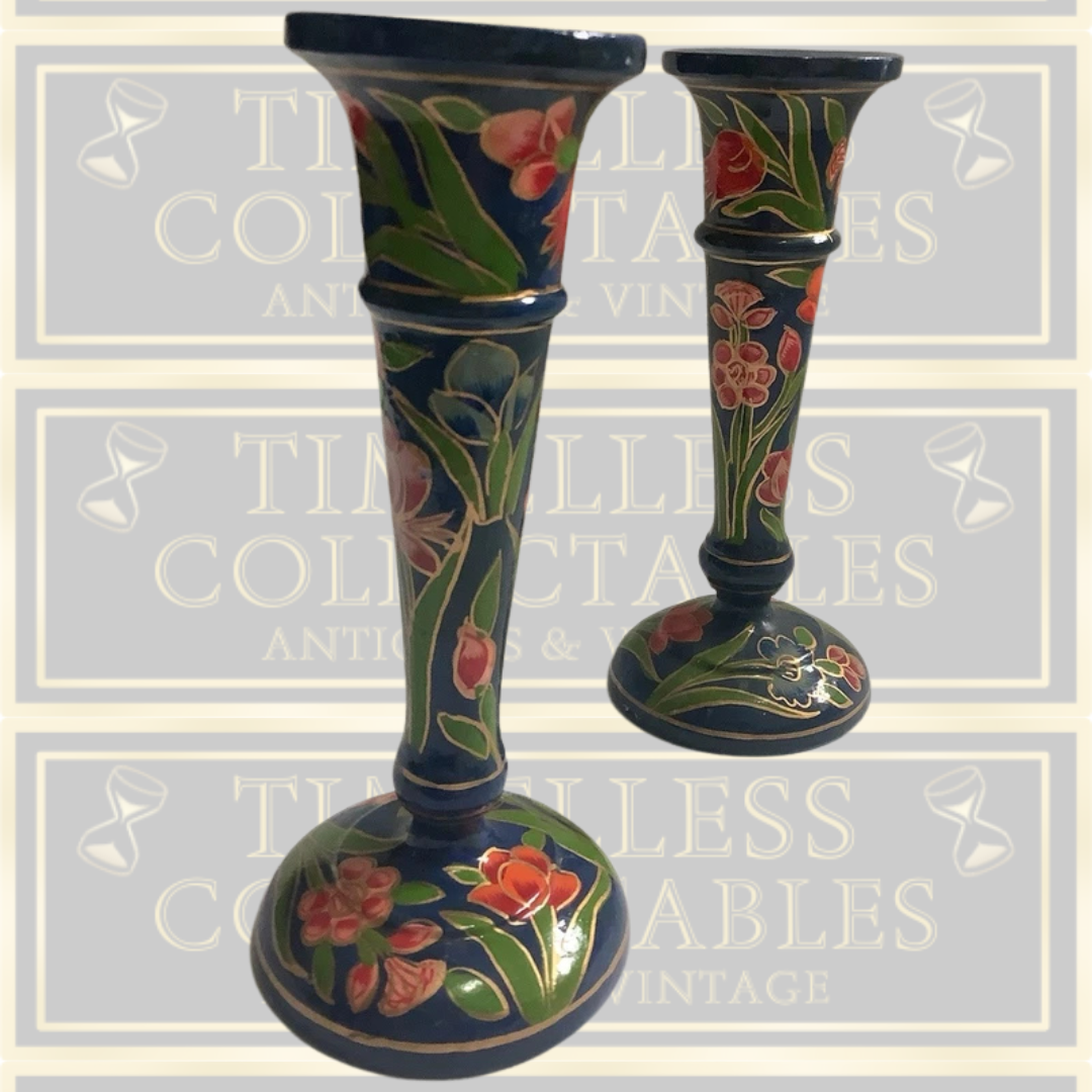 Vintage Candle Holders & Box Set Navy Blue Pink Flower Pattern