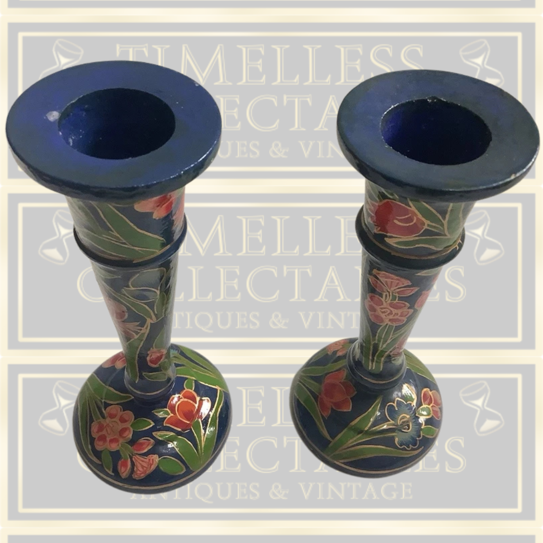 Vintage Candle Holders & Box Set Navy Blue Pink Flower Pattern