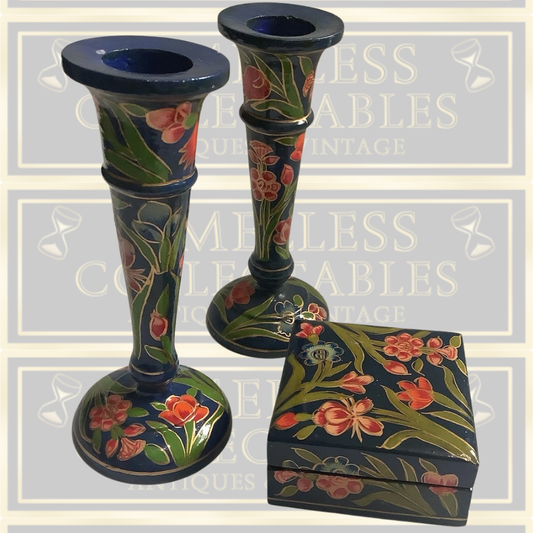Vintage Candle Holders & Box Set Navy Blue Pink Flower Pattern