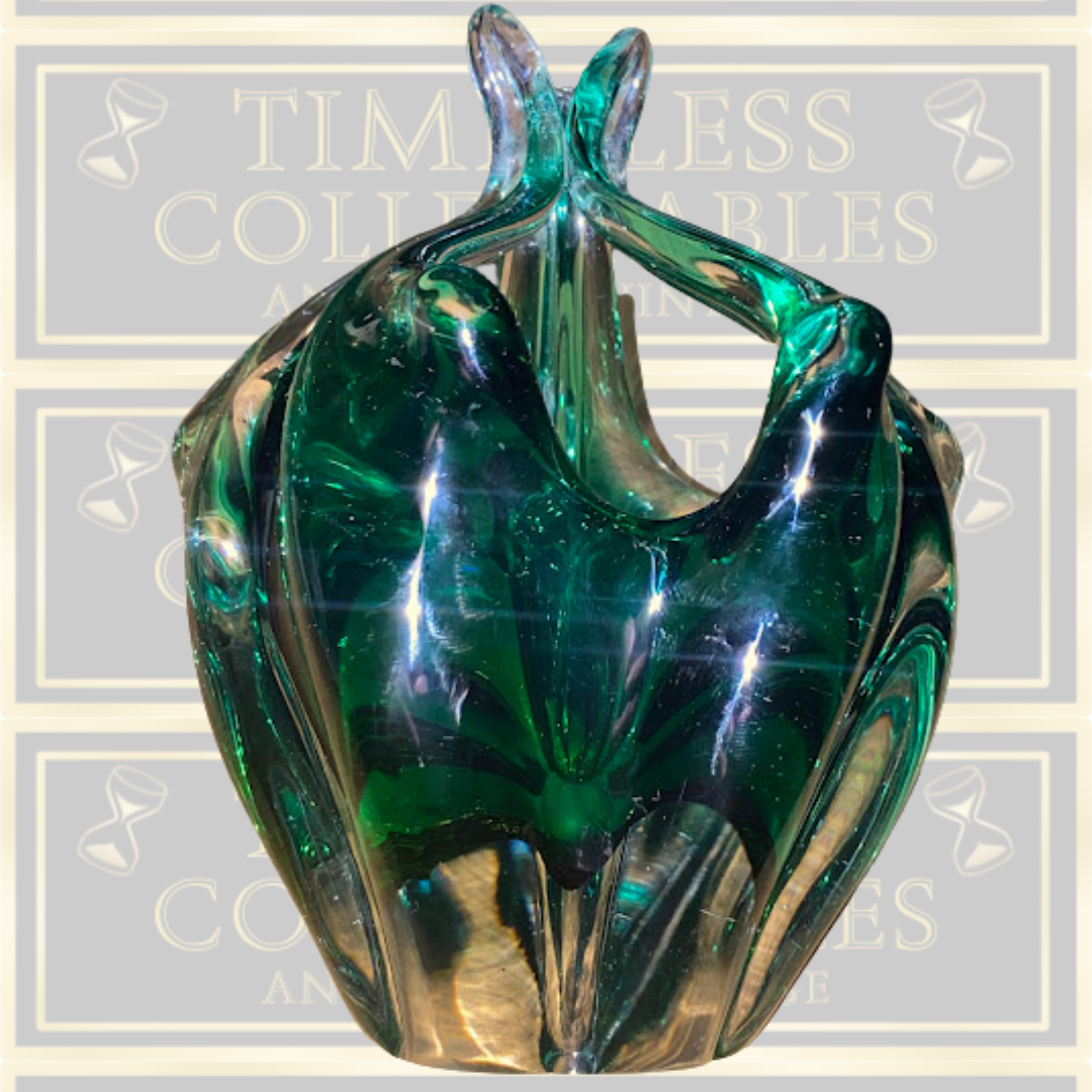 Vintage Czech Glass Green Basket