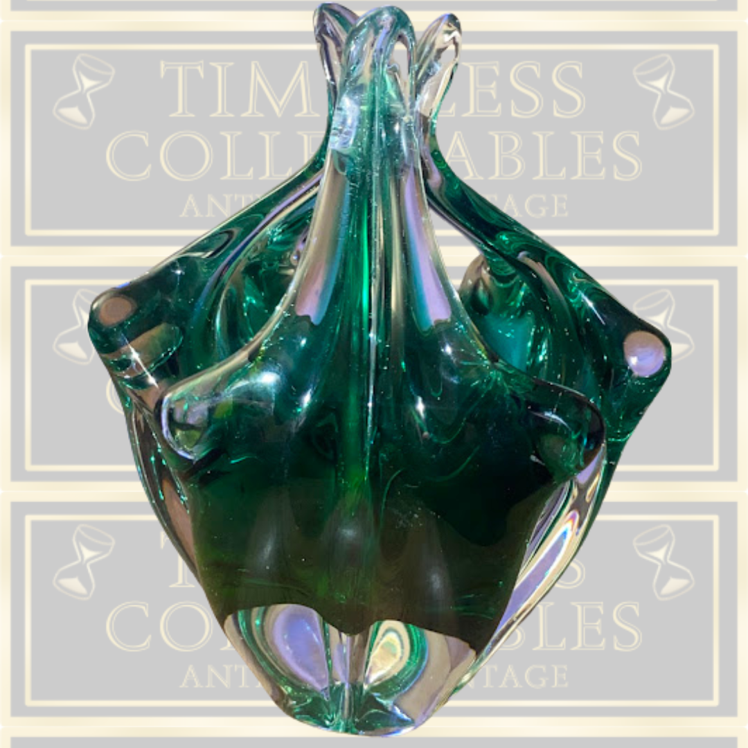 Vintage Czech Glass Green Basket
