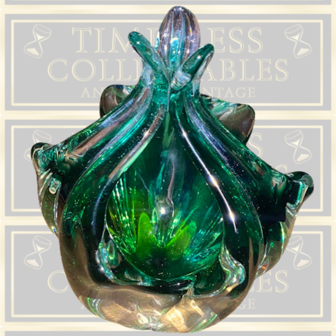 Vintage Czech Glass Green Basket