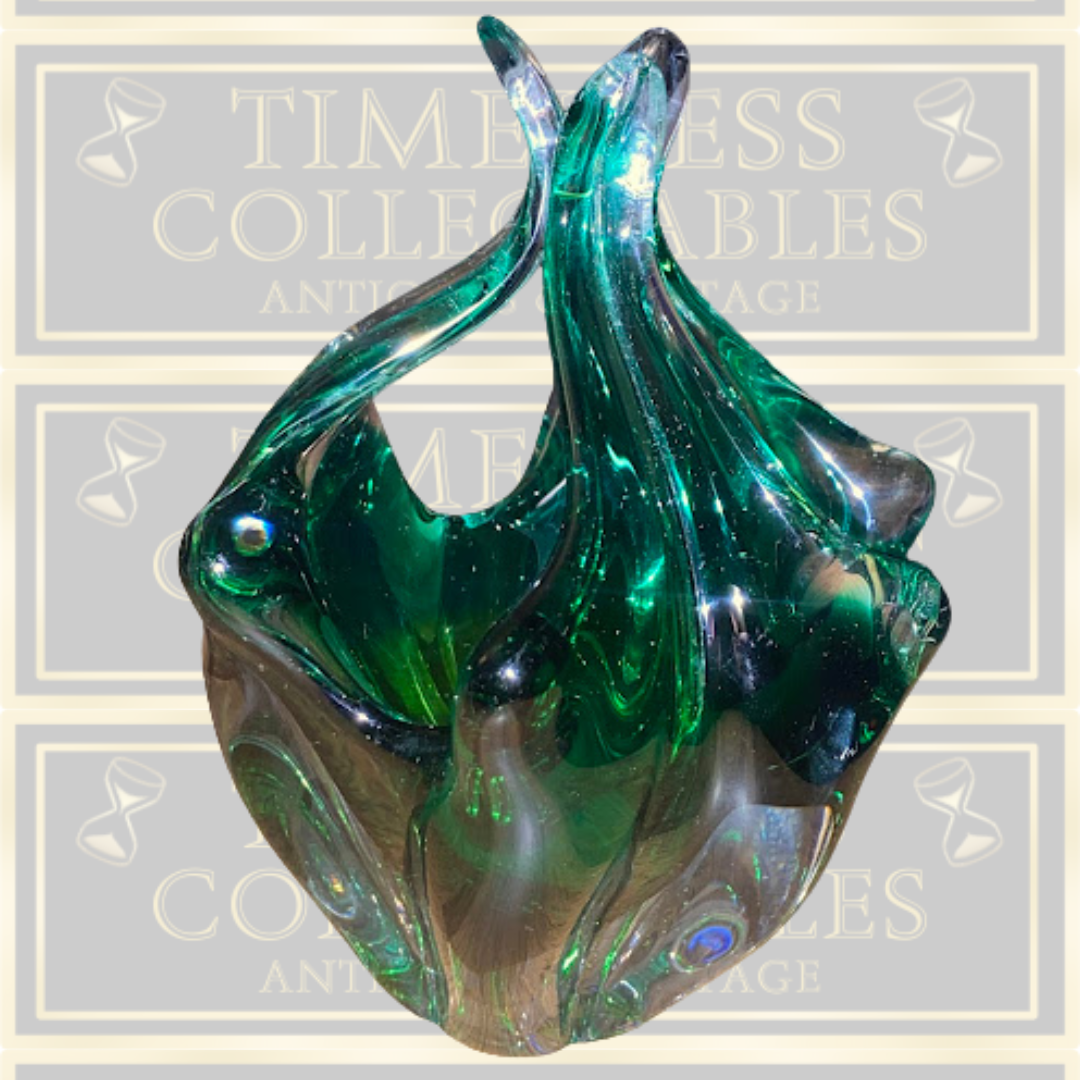Vintage Czech Glass Green Basket