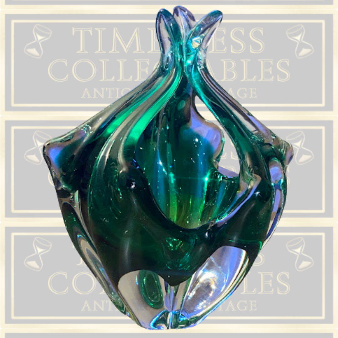 Vintage Czech Glass Green Basket