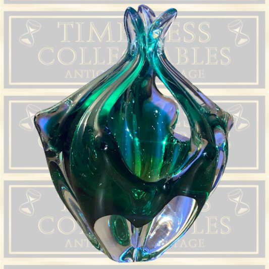 Vintage Czech Glass Green Basket