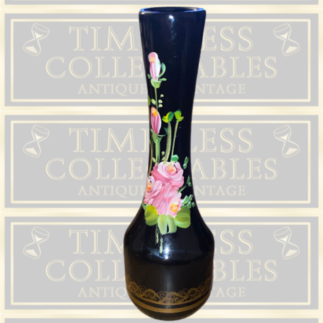 Vintage Black Hand Painted Pink flowers gold Pattern Vase