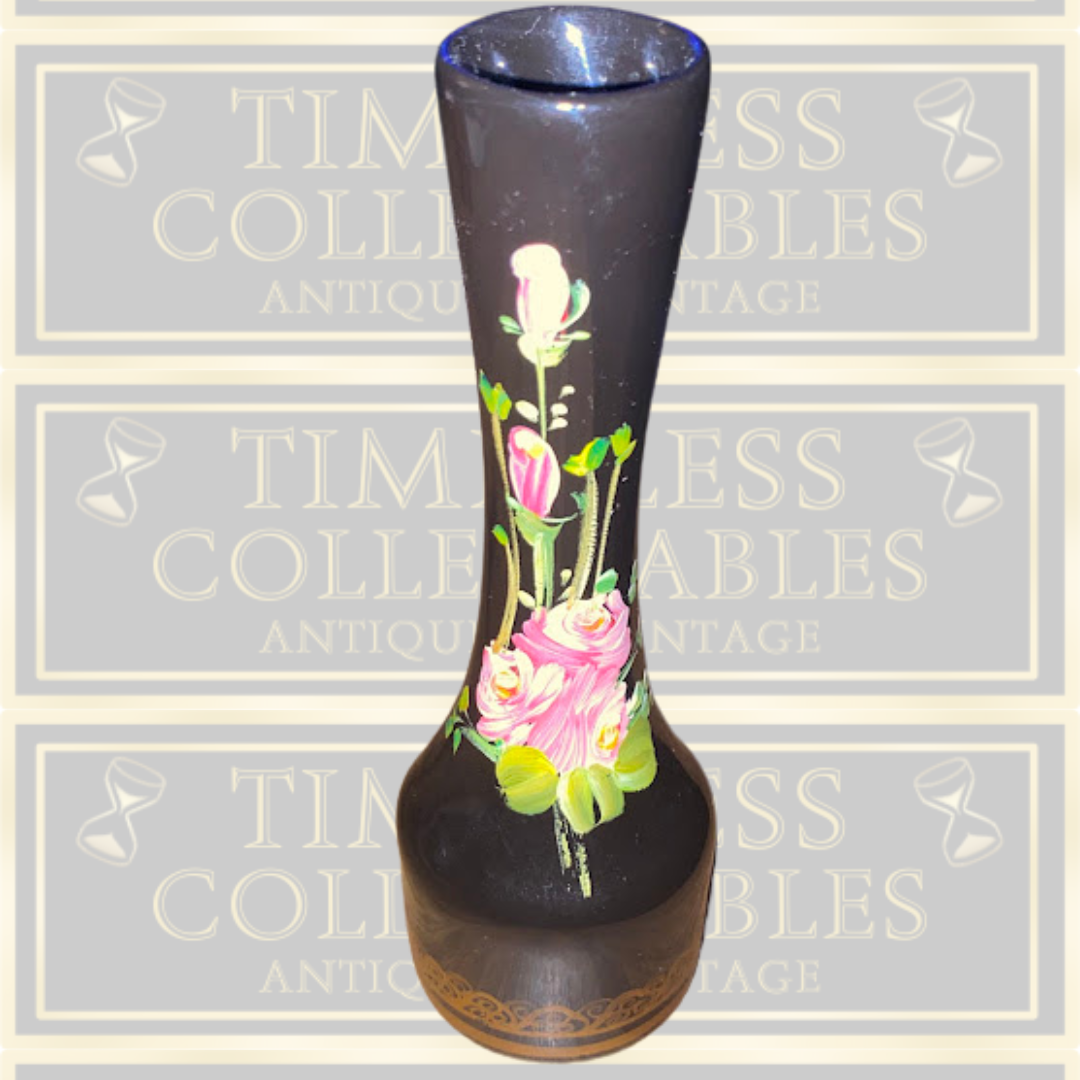 Vintage Black Hand Painted Pink flowers gold Pattern Vase