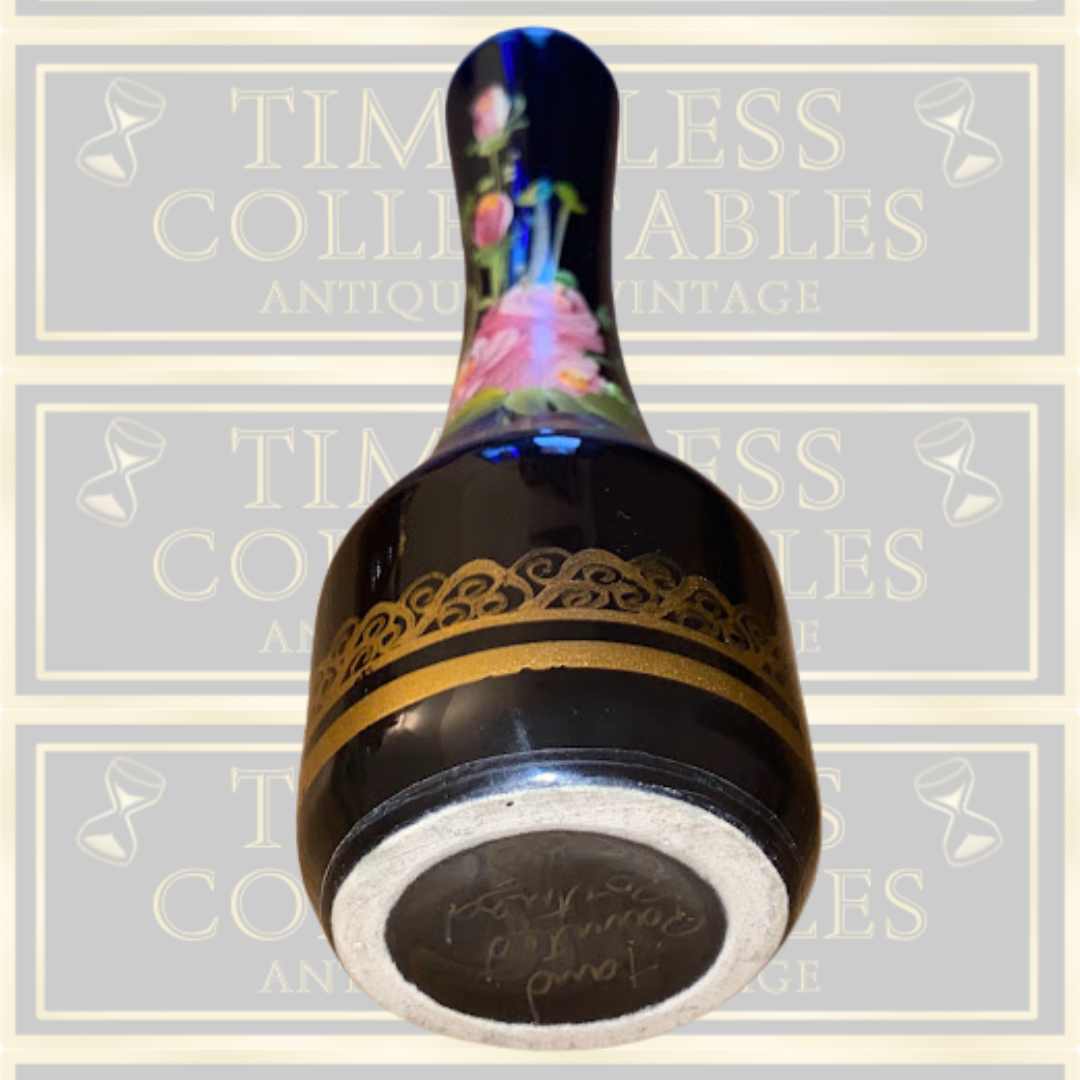 Vintage Black Hand Painted Pink flowers gold Pattern Vase