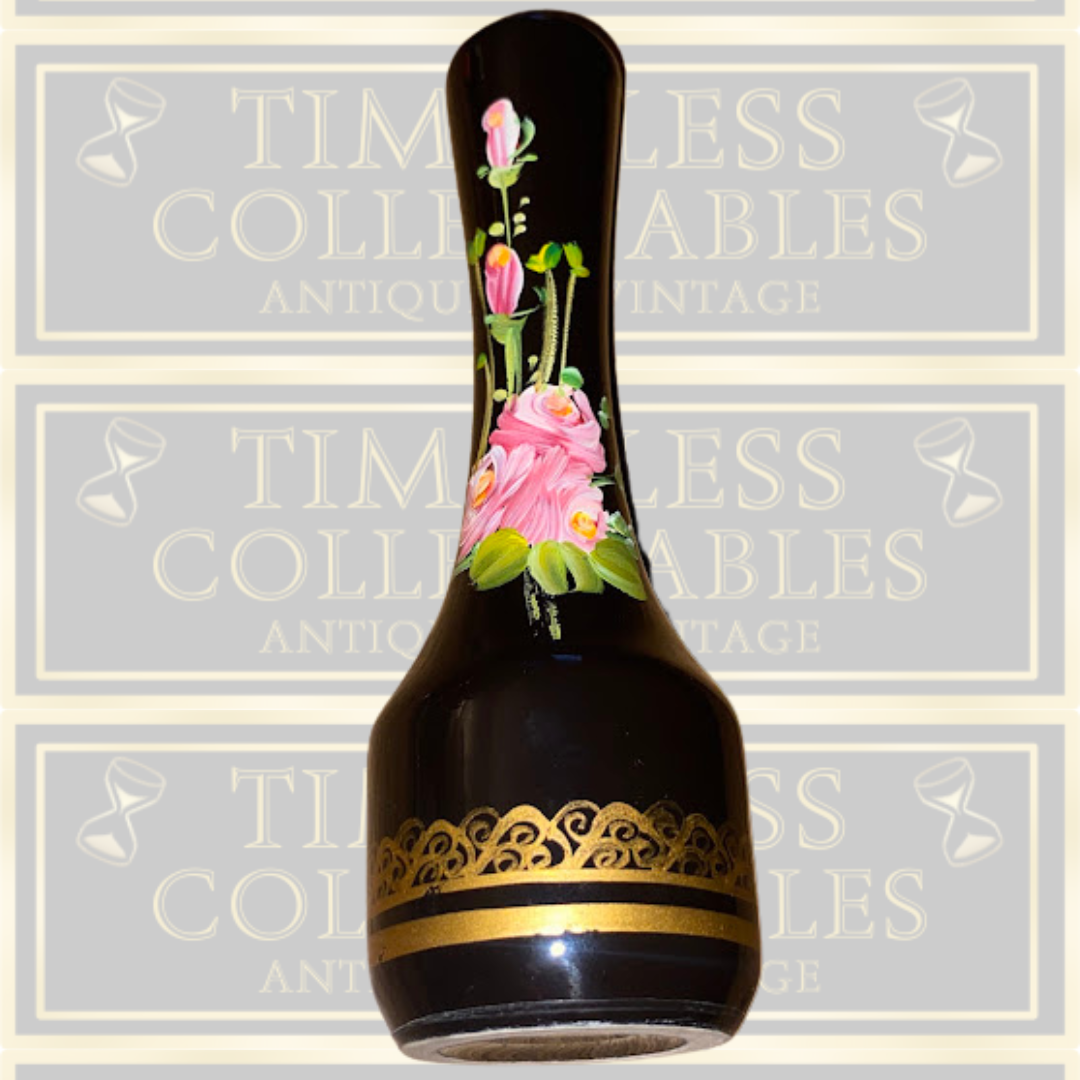 Vintage Black Hand Painted Pink flowers gold Pattern Vase