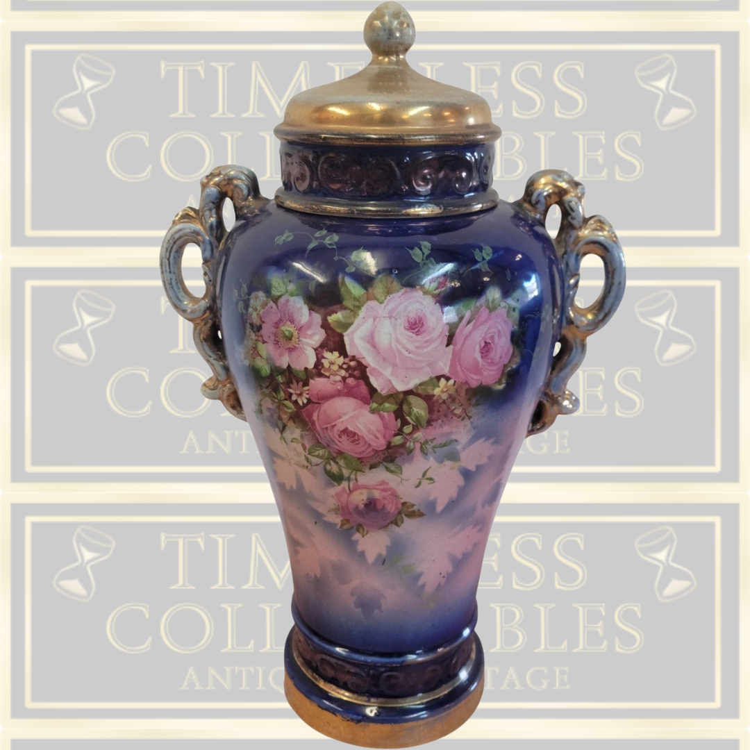Antique Pink Rose Lidded Cobalt Blue Urn Vase