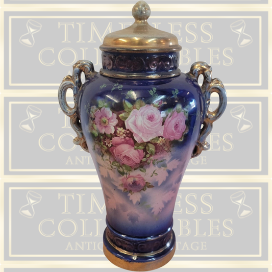 Antique Pink Rose Lidded Cobalt Blue Urn Vase