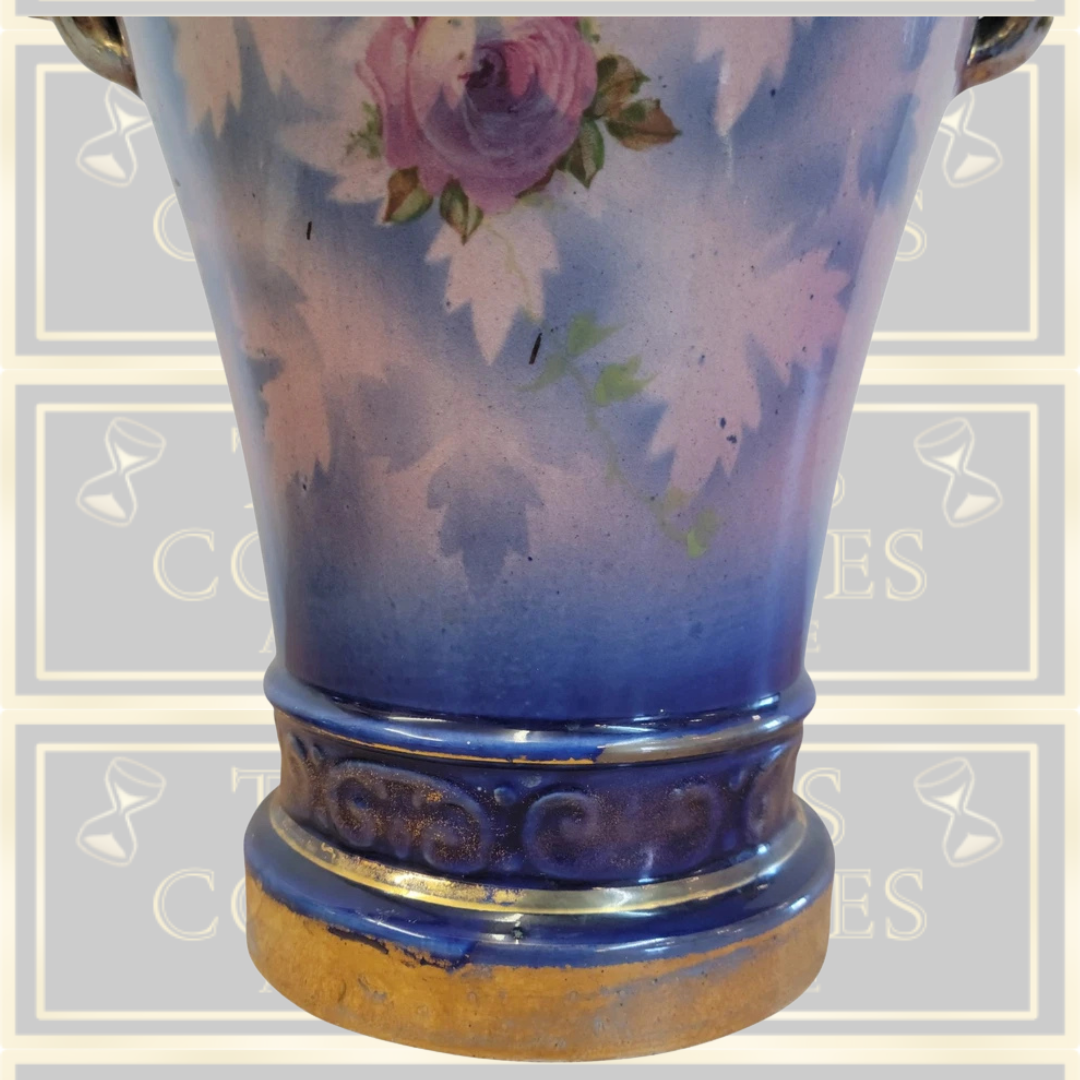 Antique Pink Rose Lidded Cobalt Blue Urn Vase