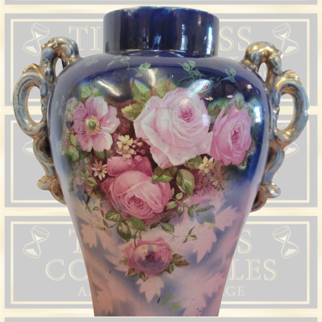 Antique Pink Rose Lidded Cobalt Blue Urn Vase