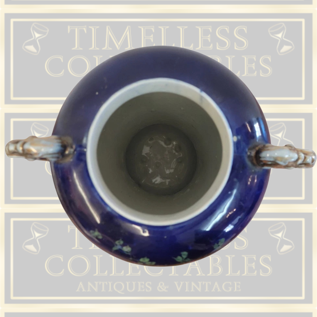 Antique Pink Rose Lidded Cobalt Blue Urn Vase