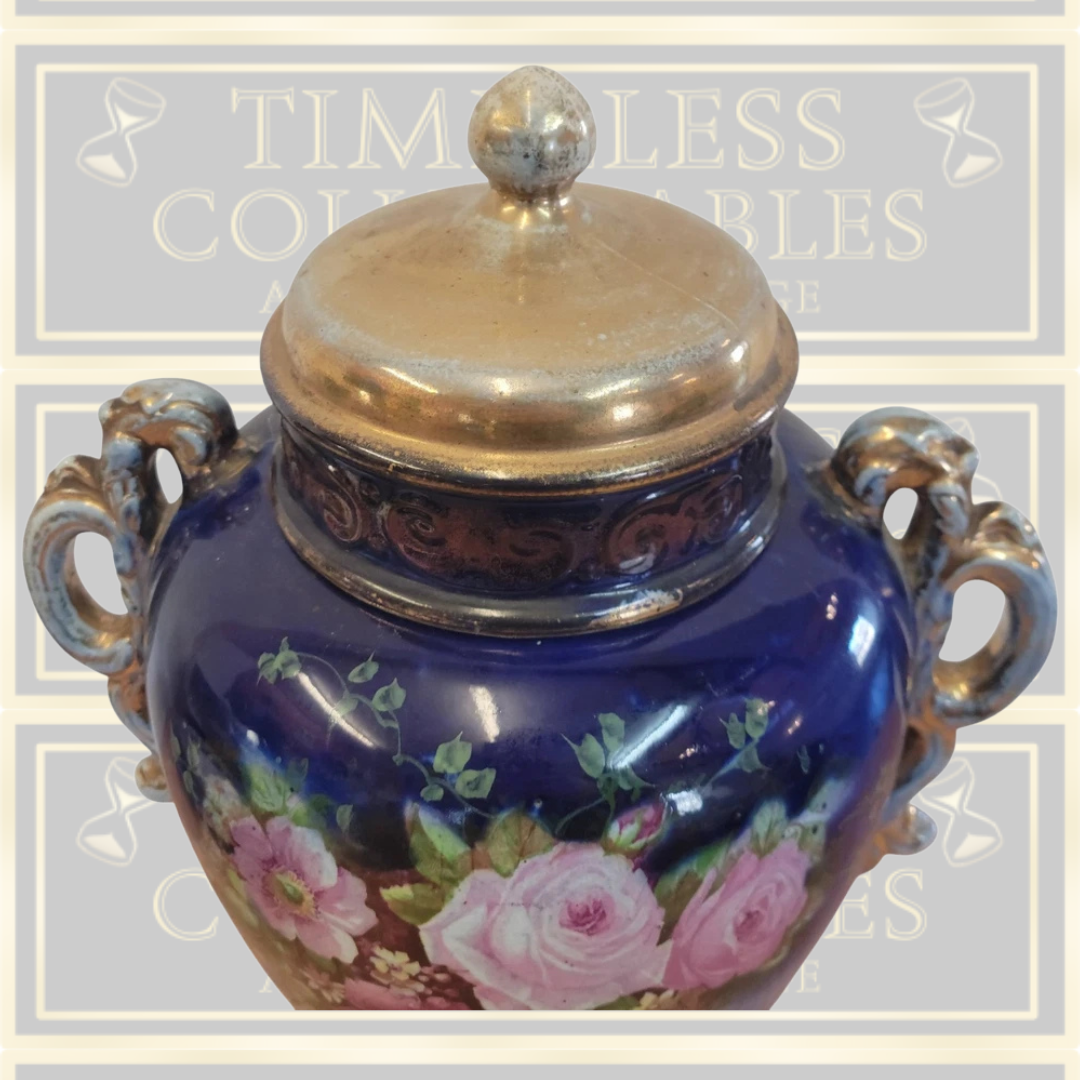 Antique Pink Rose Lidded Cobalt Blue Urn Vase