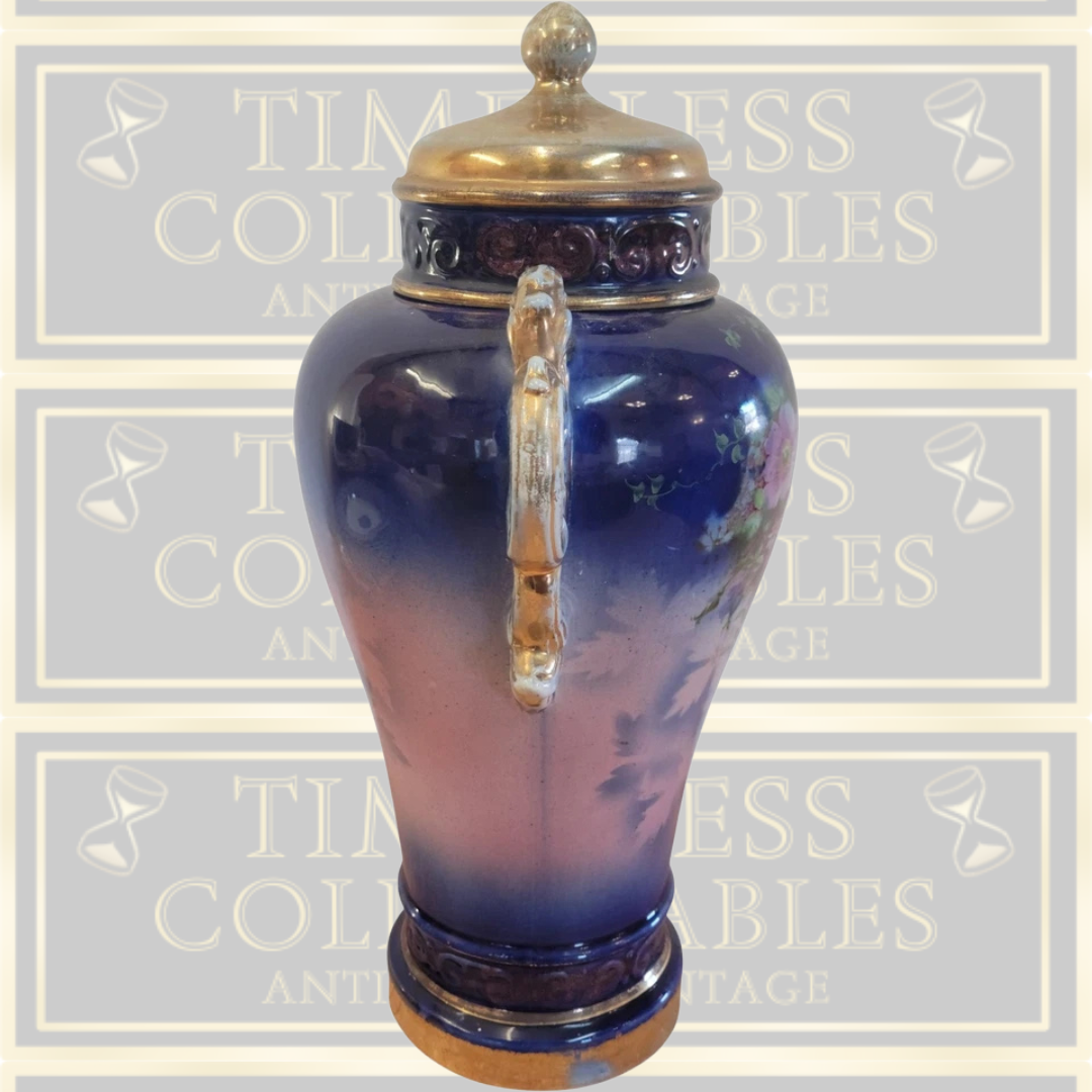 Antique Pink Rose Lidded Cobalt Blue Urn Vase