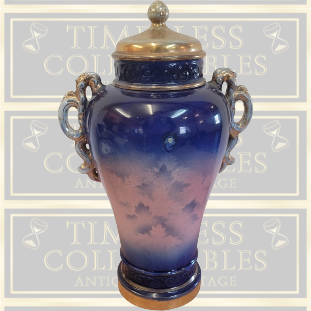 Antique Pink Rose Lidded Cobalt Blue Urn Vase