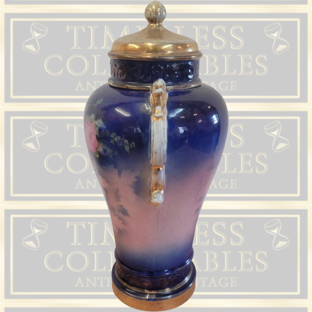 Antique Pink Rose Lidded Cobalt Blue Urn Vase