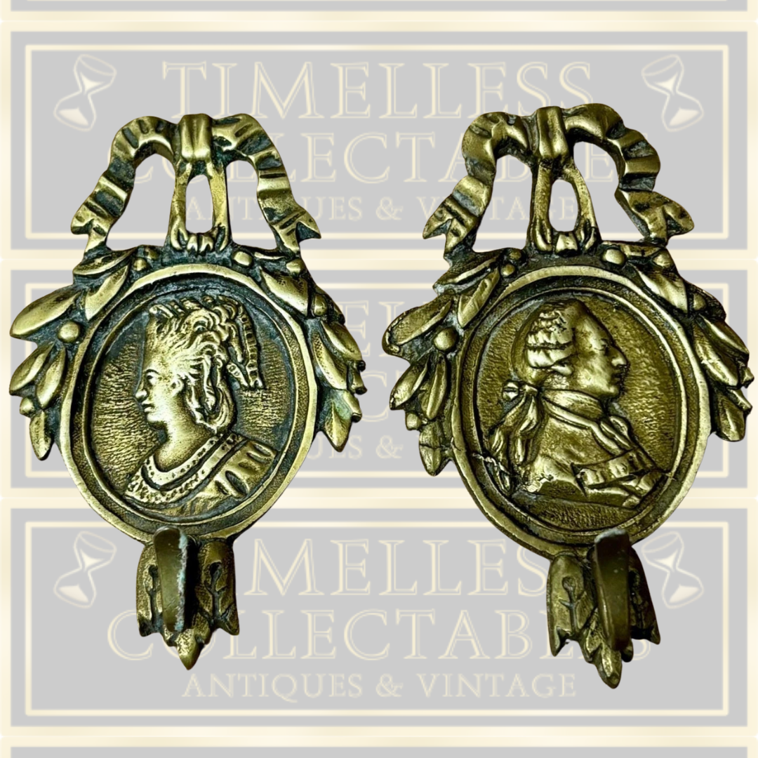 Antique Pair Brass King Louis XVI & Queen Marie Antoinette Coat Hooks