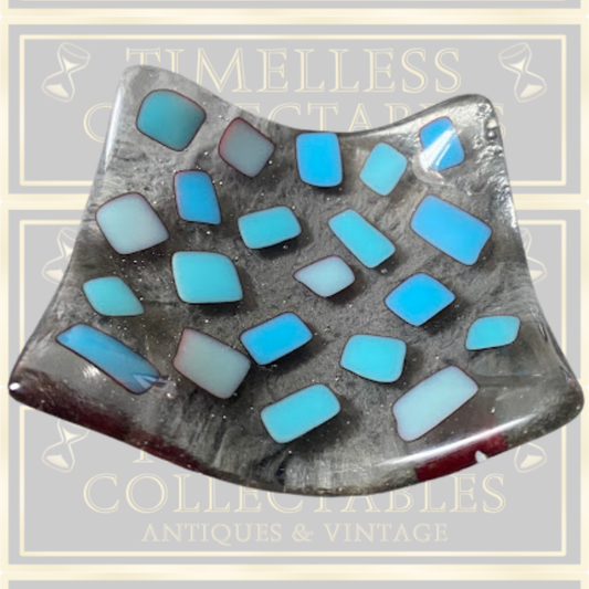 Vintage Fused Blue Square Glass Trinket Plate