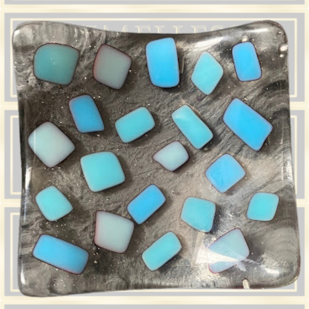 Vintage Fused Blue Square Glass Trinket Plate