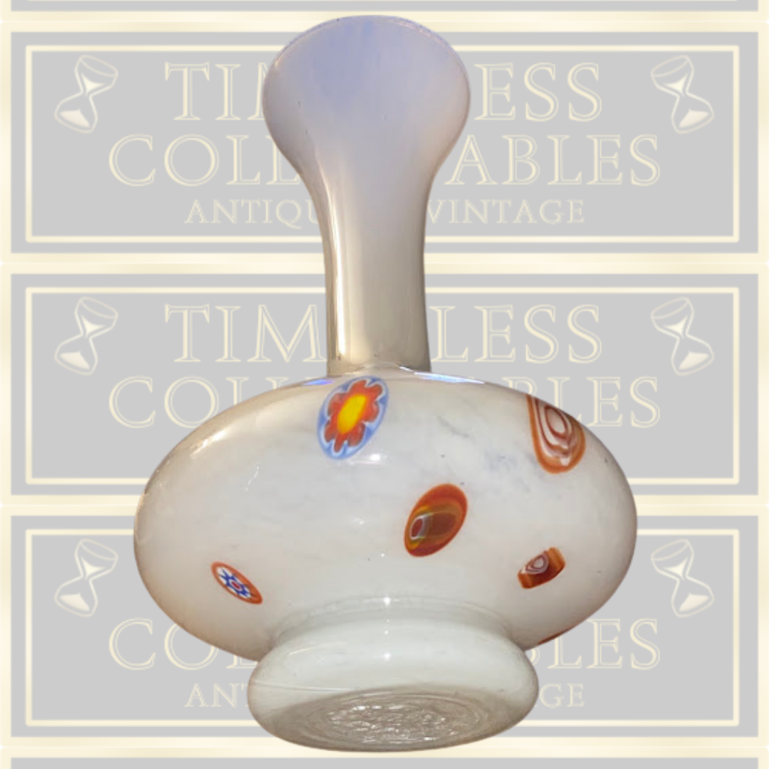 Vintage Large White Opaline millefiori Art Glass Vase