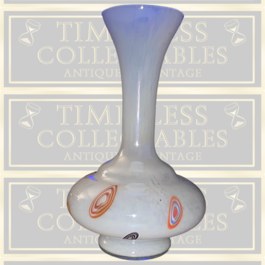 Vintage Large White Opaline millefiori Art Glass Vase