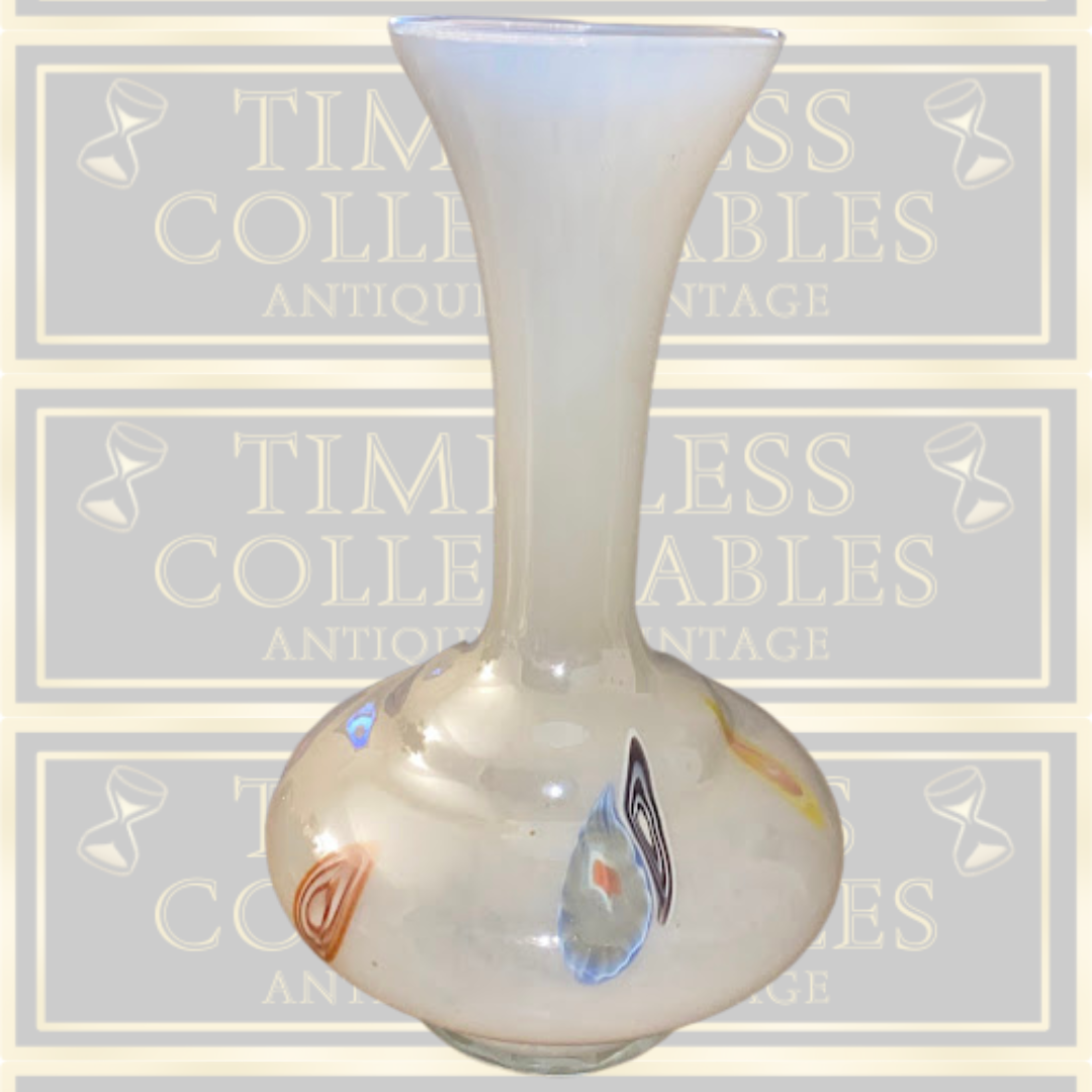 Vintage Large White Opaline millefiori Art Glass Vase