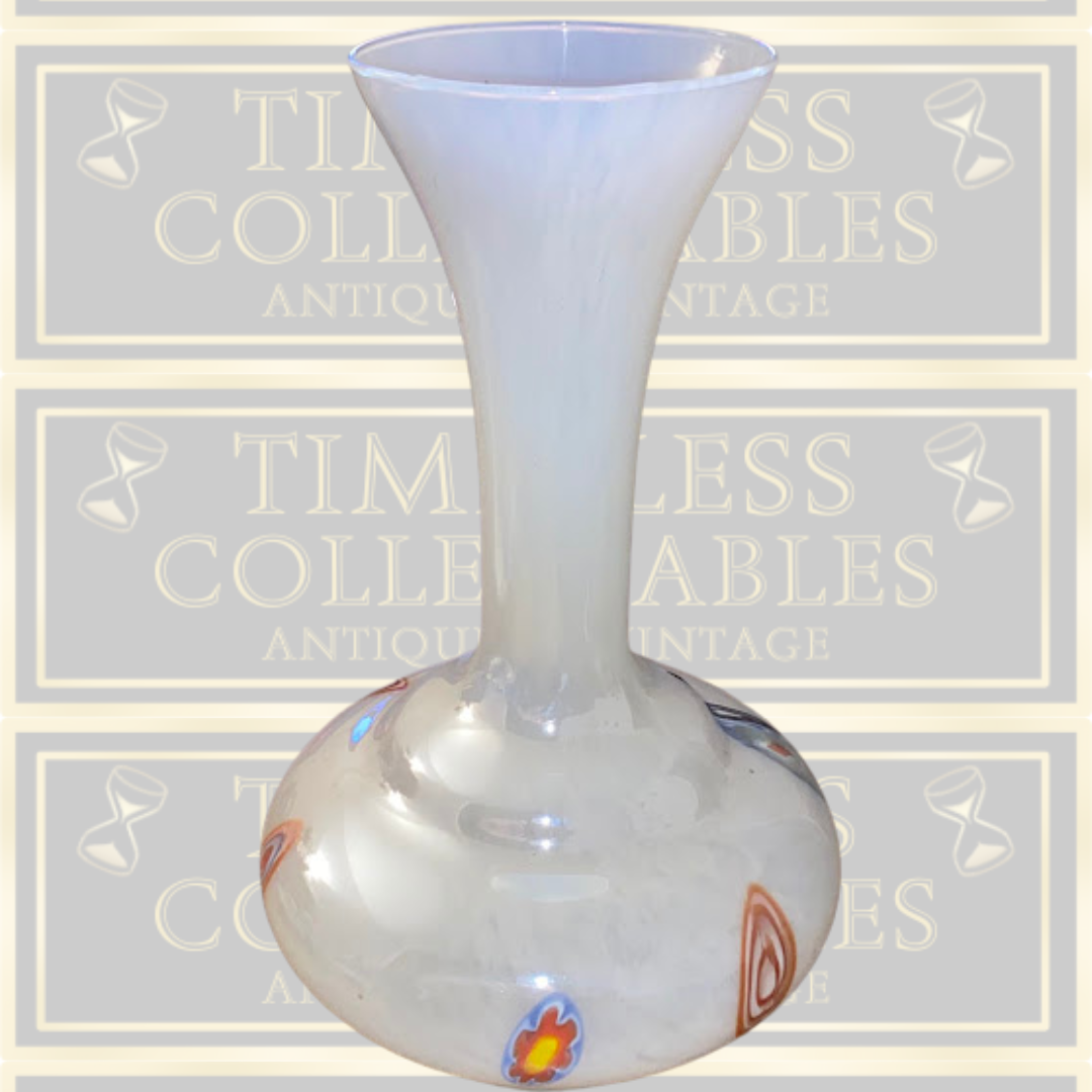 Vintage Large White Opaline millefiori Art Glass Vase