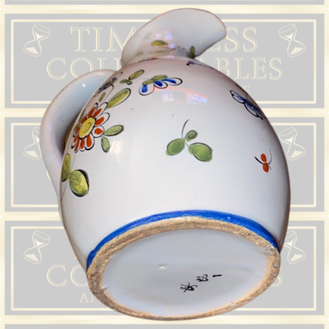 Antique Rouen Earthenware Hand Painted Cornucopia Pitcher