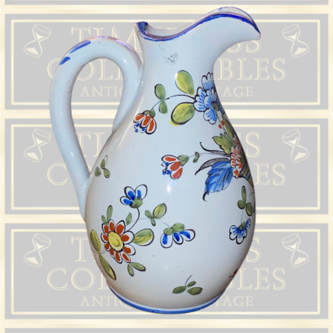 Antique Rouen Earthenware Hand Painted Cornucopia Pitcher