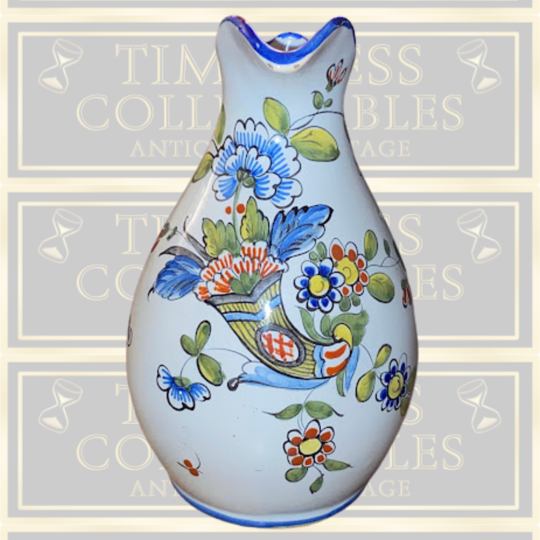 Antique Rouen Earthenware Hand Painted Cornucopia Pitcher
