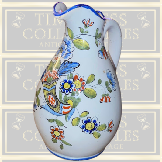 Antique Rouen Earthenware Hand Painted Cornucopia Pitcher