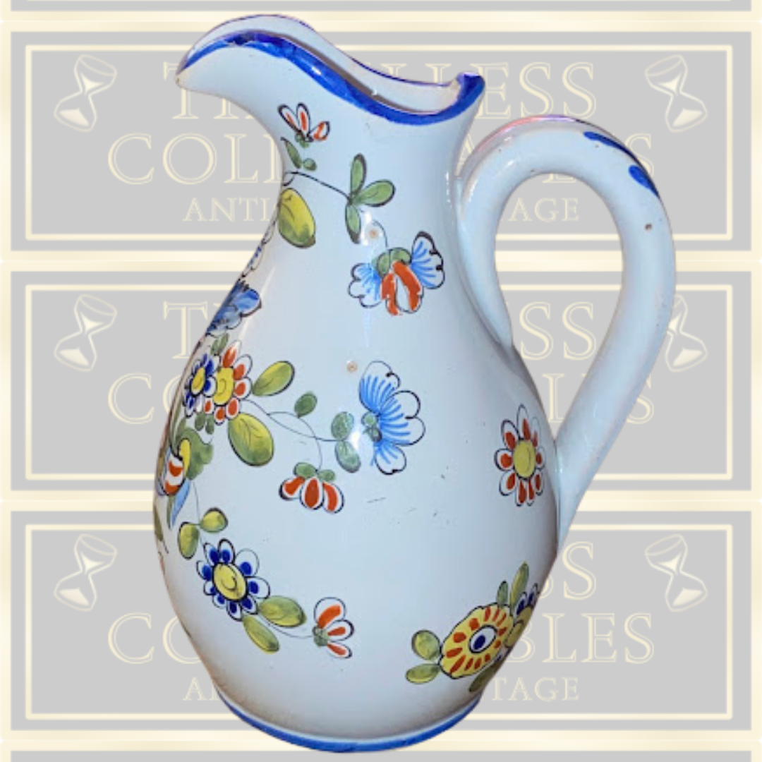 Antique Rouen Earthenware Hand Painted Cornucopia Pitcher