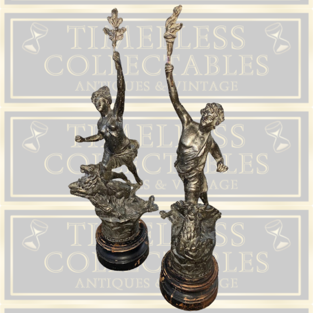 Antique Pair French Spelter Figurines La Force & le Chasseur