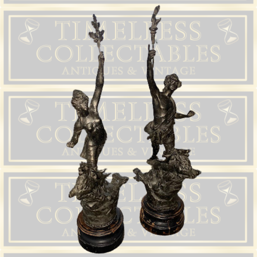 Antique Pair French Spelter Figurines La Force & le Chasseur