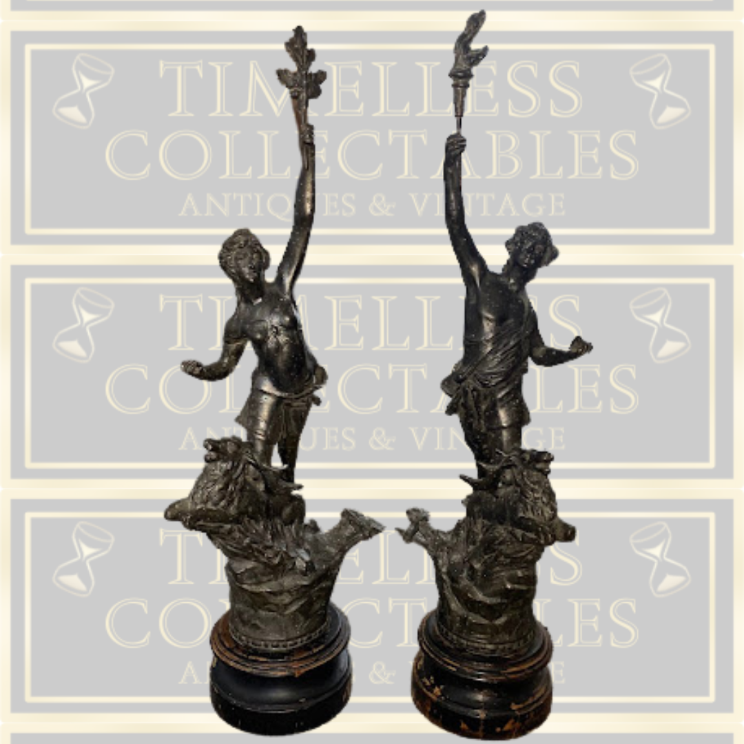 Antique Pair French Spelter Figurines La Force & le Chasseur