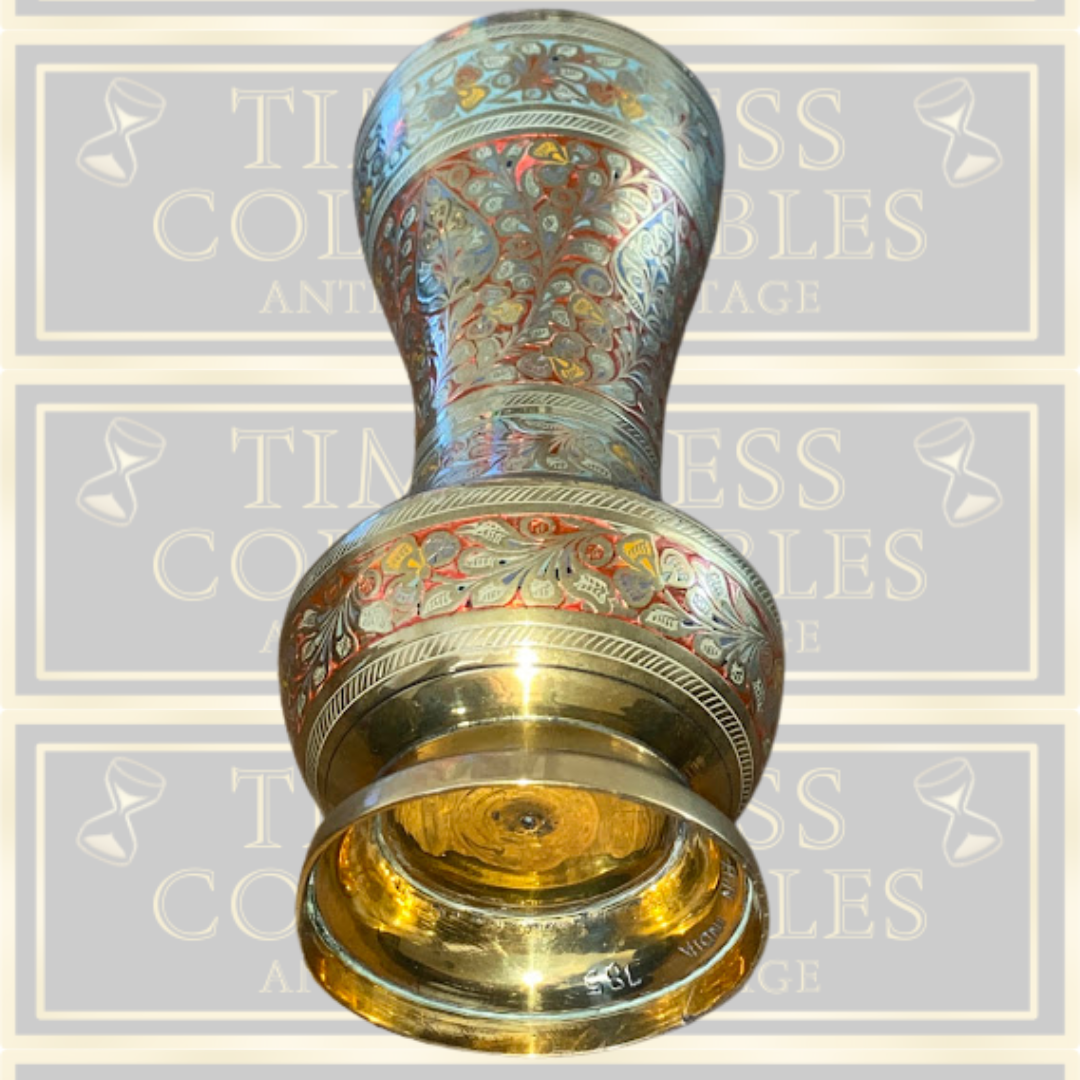 Vintage Indian Brass & Red Enamel Vase