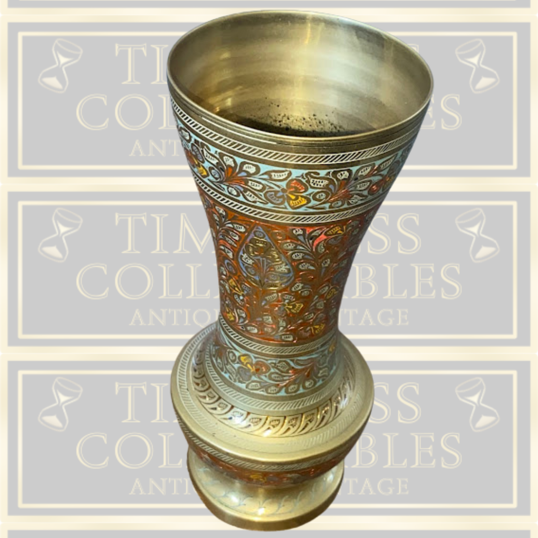 Vintage Indian Brass & Red Enamel Vase