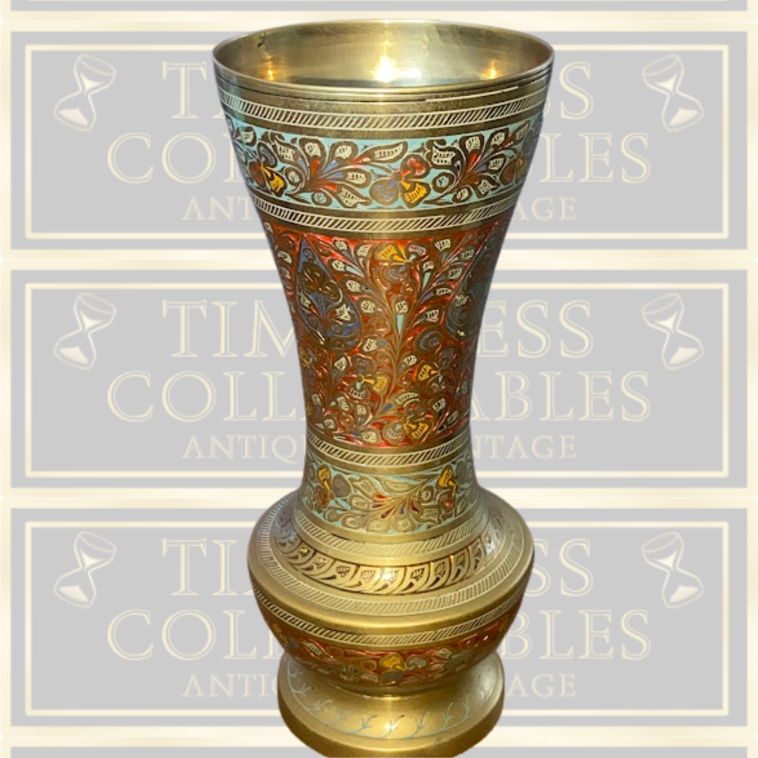 Vintage Indian Brass & Red Enamel Vase