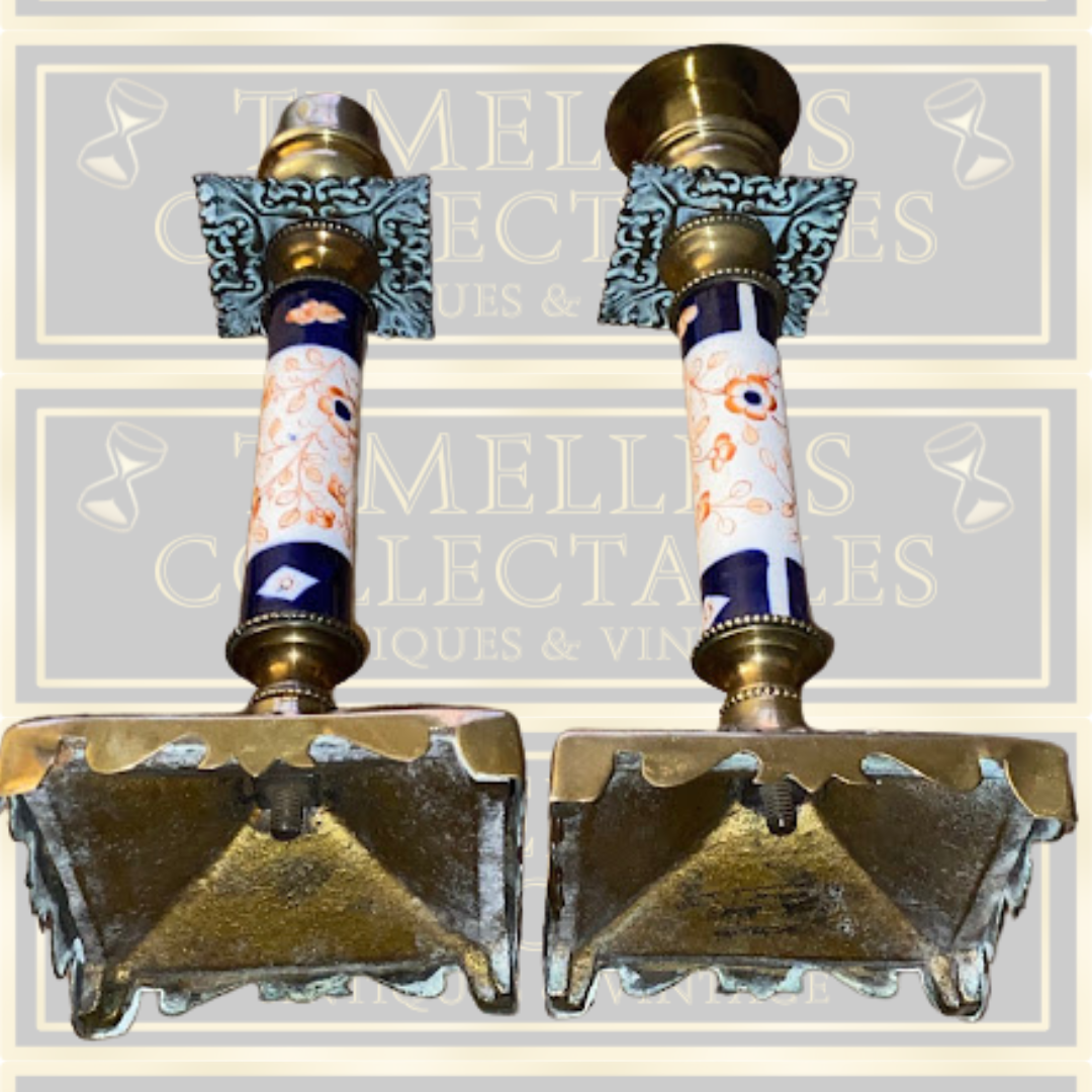 Antique Pair Solid Brass & Porcelain Candle Holders