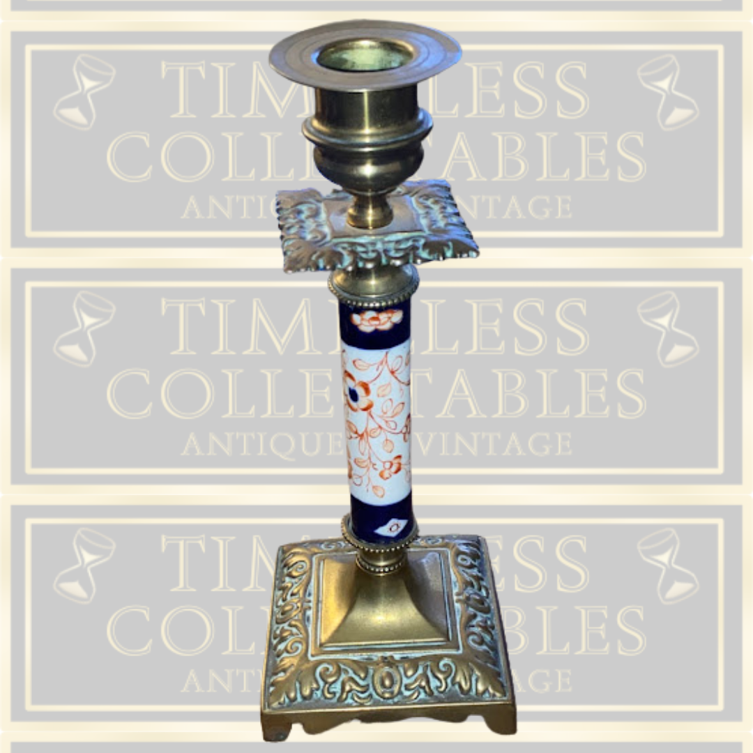 Antique Pair Solid Brass & Porcelain Candle Holders