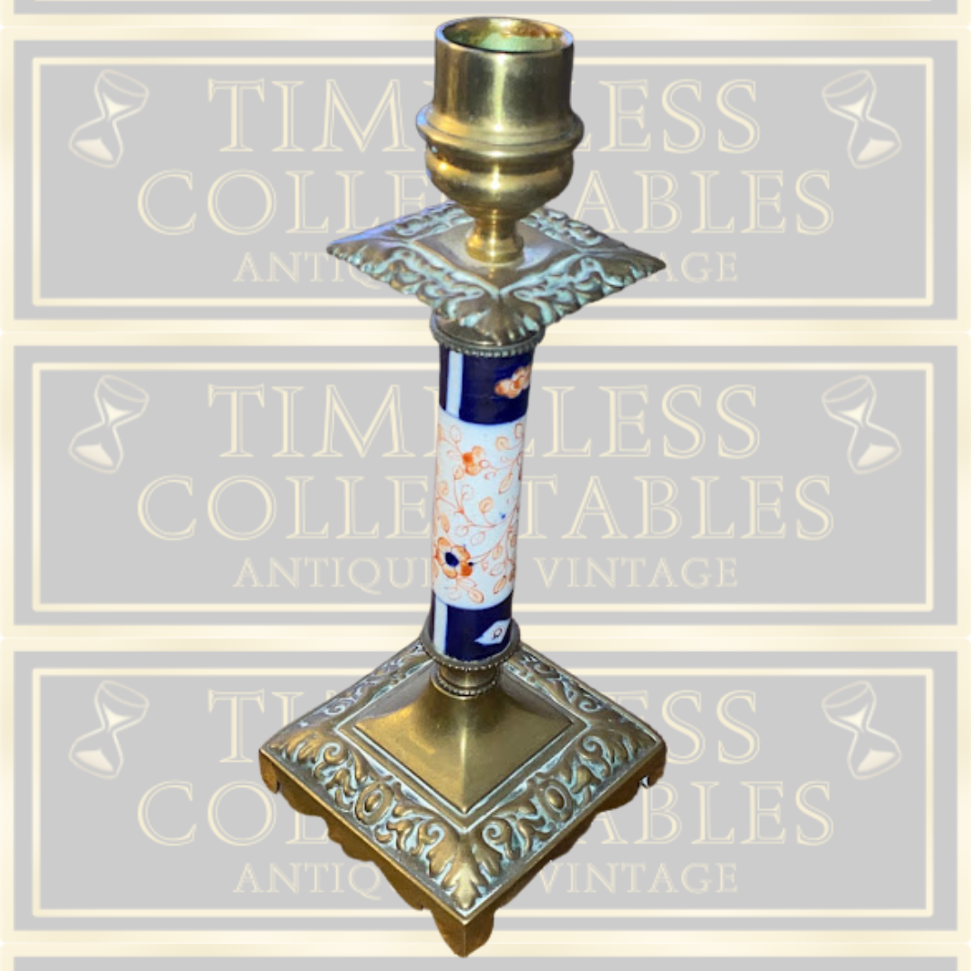 Antique Pair Solid Brass & Porcelain Candle Holders
