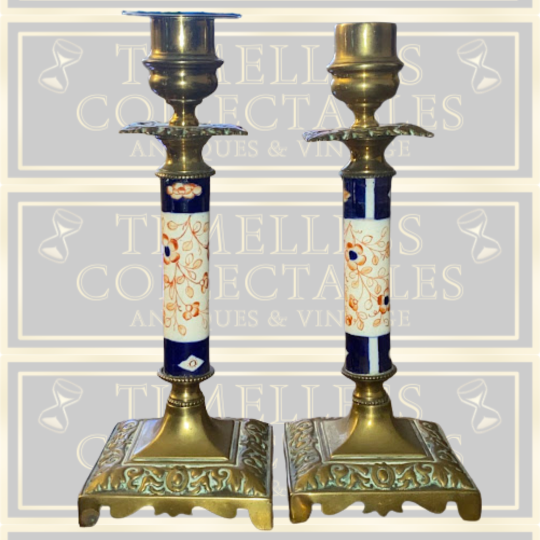 Antique Pair Solid Brass & Porcelain Candle Holders