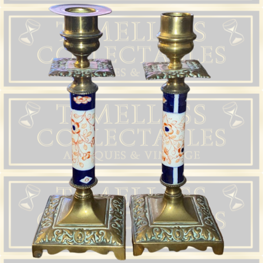 Antique Pair Solid Brass & Porcelain Candle Holders