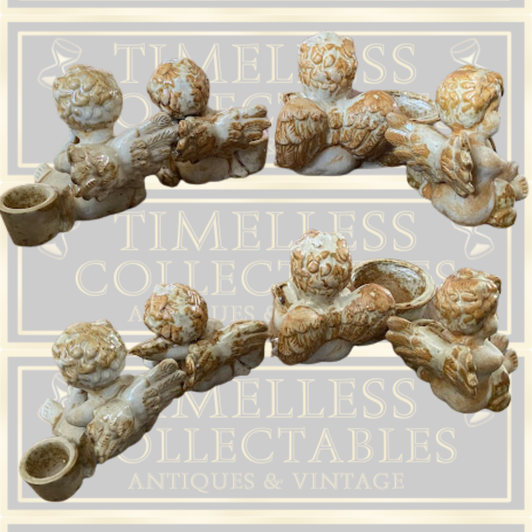 Vintage Bisque Brown Drip Glaze Cherub Candle Holders