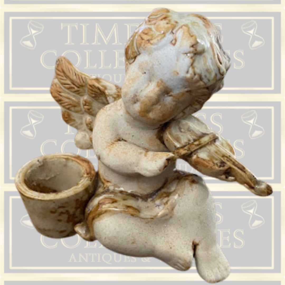 Vintage Bisque Brown Drip Glaze Cherub Candle Holders