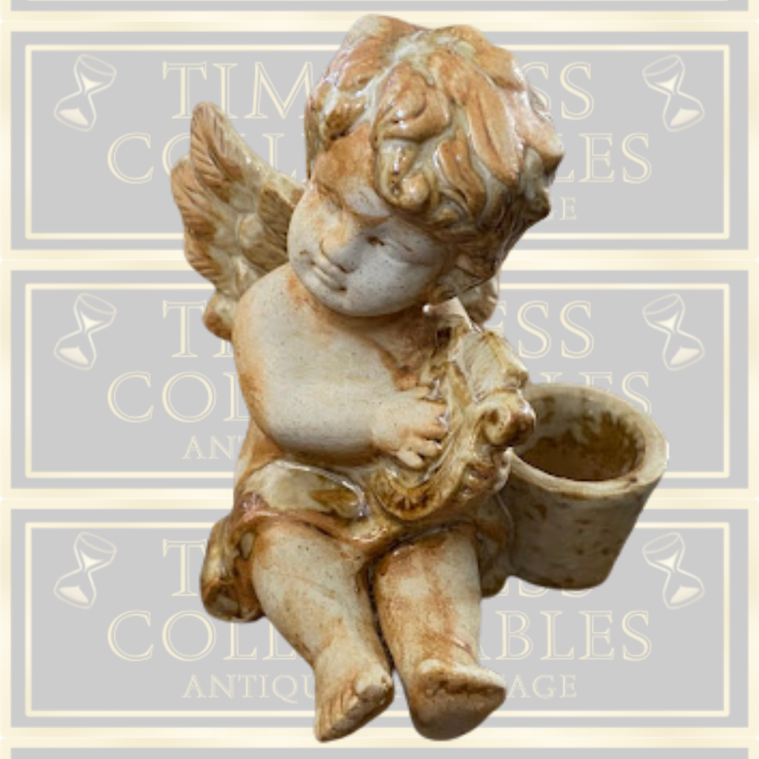 Vintage Bisque Brown Drip Glaze Cherub Candle Holders