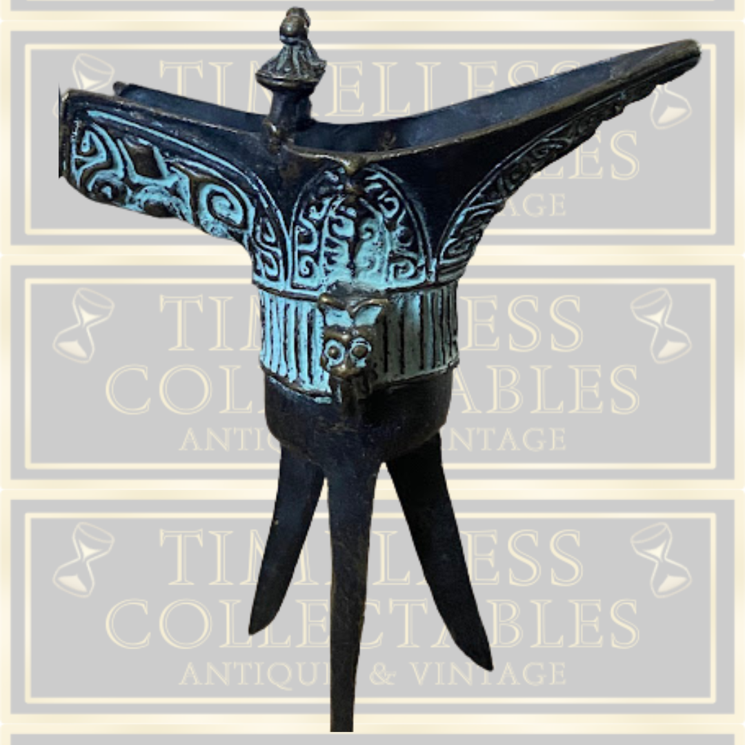 Antique Pair Bronze Chinese Ritual Drinking Tripods